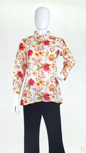 Women's Cream Floral Print Cotton Shirt Tunic Top Thumbnail