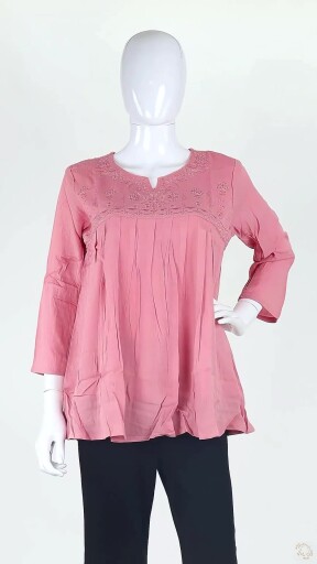 Women's Self-embroidered Onion Pink Rayon Tunic Top Thumbnail