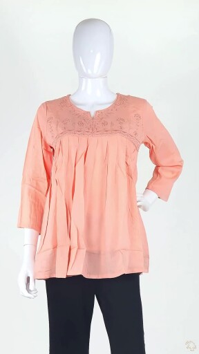 Women's Self-embroidered Peach Rayon Tunic Top Thumbnail