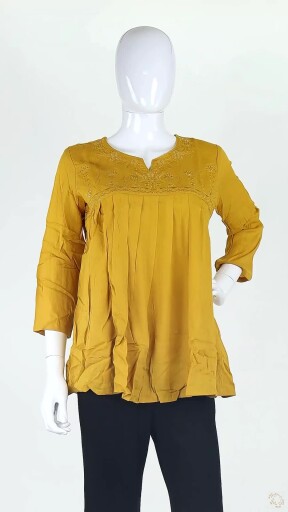Women Self-embroidered Mustard Rayon Tunic Top Thumbnail