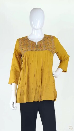 Mustard Yellow Geometric Embroidered Short Kurti Tunic Thumbnail