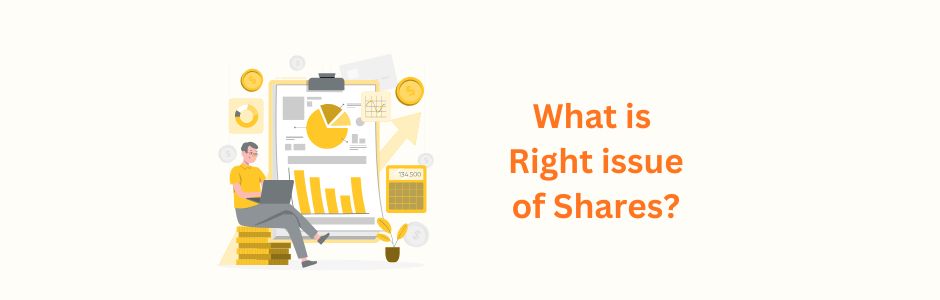 Illustration showing shareholders investing in Right Issue of shares with company documents and stock market background.