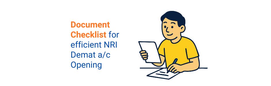 Checklist for NRI Demat account opening with JM Financial Services showing passport, PAN, and NRE bank proof