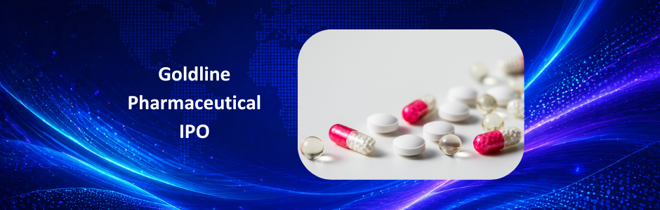 Goldline Pharmaceutical IPO banner with price band ₹41 to ₹43 and May 2026 dates