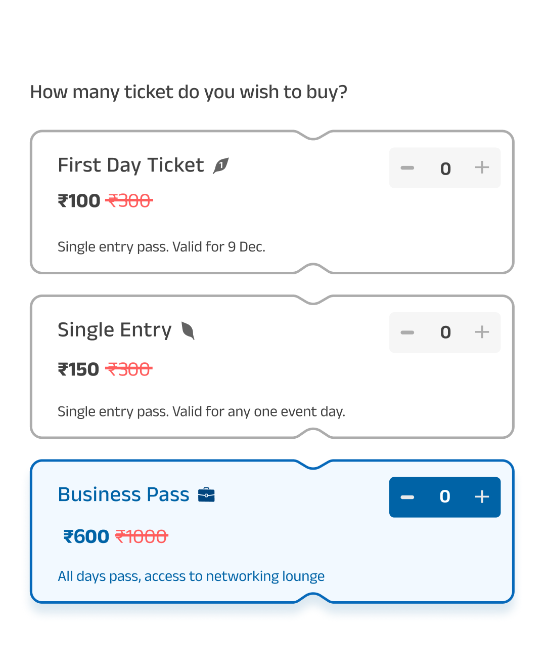 Ticket selection and payment screen