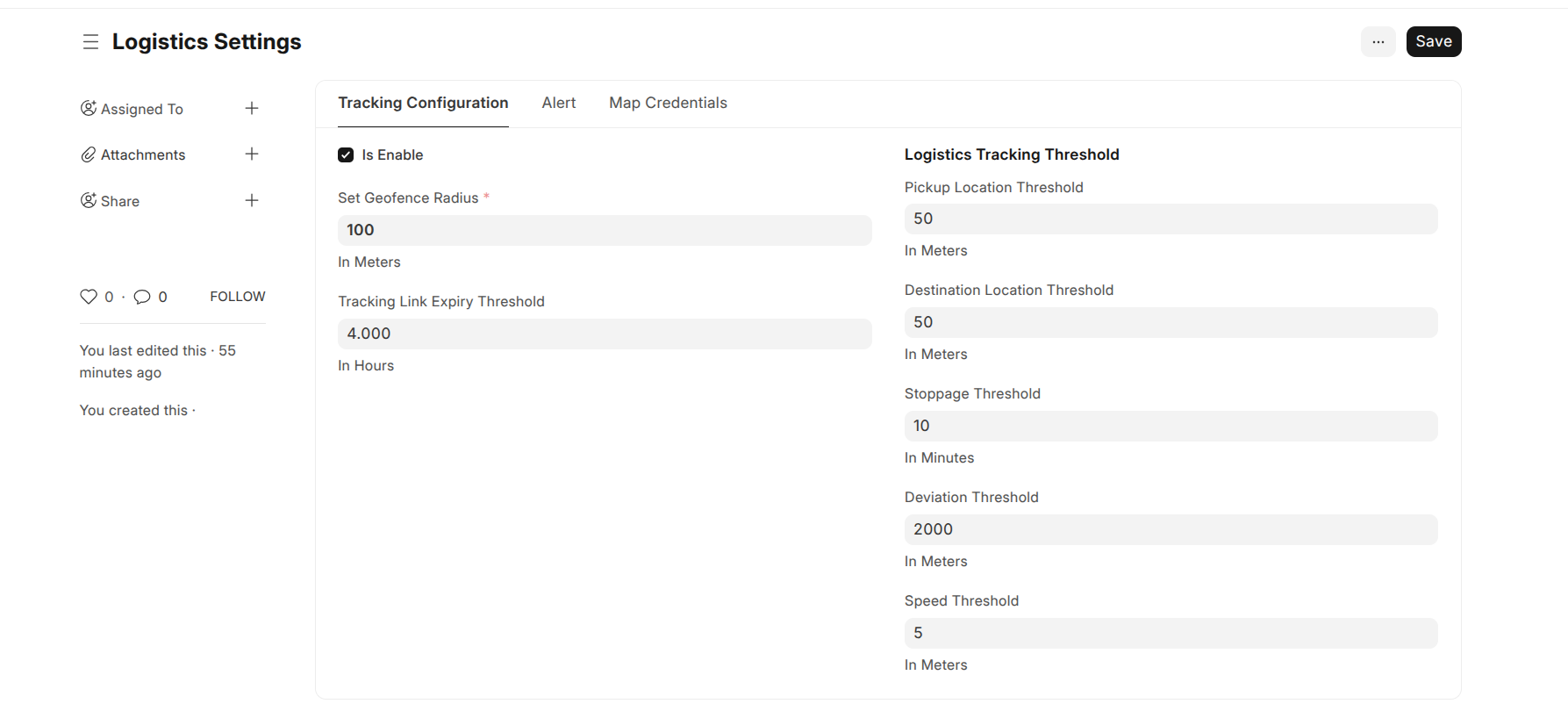 logistics settings tracking details