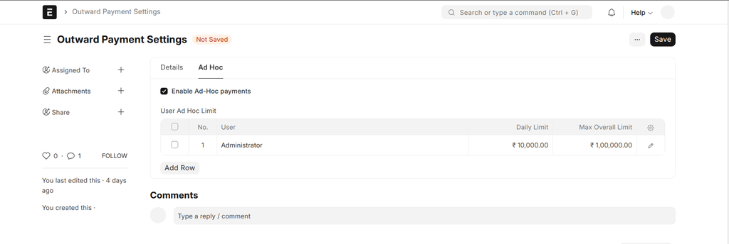 Outward Payment Settings Screenshot