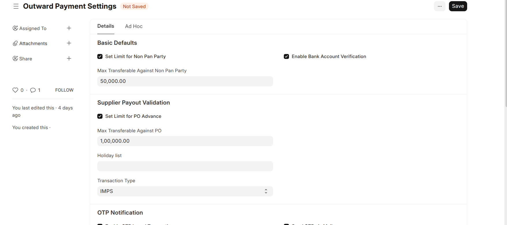 Outward Payment Settings Screenshot