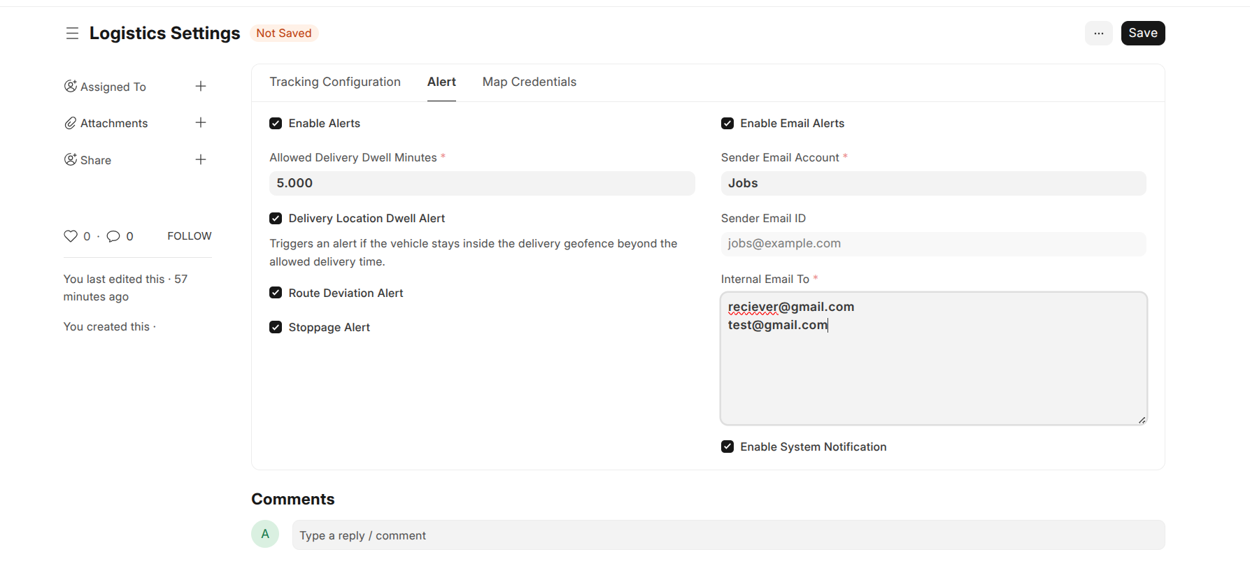 logistics settings alert