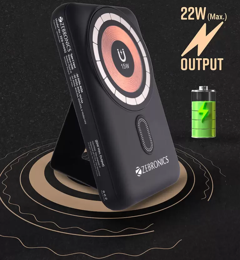 ZEBRONICS 10000 mAh 22 W Wired & Wireless Mini Pocket Size Power Bank  (Black, Lithium-ion, Fast Charging for Mobile, Tablet, Smartwatch, Earbuds)