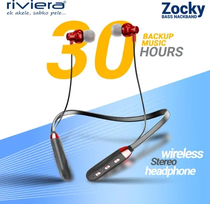 Riviera Zocky Bluetooth in Ear Neckband, Upto 30 HRS Playtime, Fast Charging in 40 min, 180mAh Battery Capacity, Wired Magnetic Tips, Voice Assistant with mic, Type C