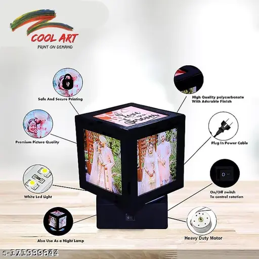 Personalised Rotating Table Lamp, Led Light Photo Night Lamp- Birthday Gift For Wife - 4 By 4 Inch, 5 Photo Needed For Print(Polycarbonate, Black, Pack of 1)