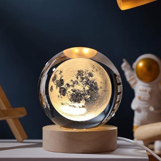BITTZOOT 3D Moon Crystal Ball Night Lamp,Solar System Crystal Ball Night Light, USB Table Colorful LED Wooden Crystal Ball for Home Decoration Birthday Gift for Teens Boys and Girls (Moon)