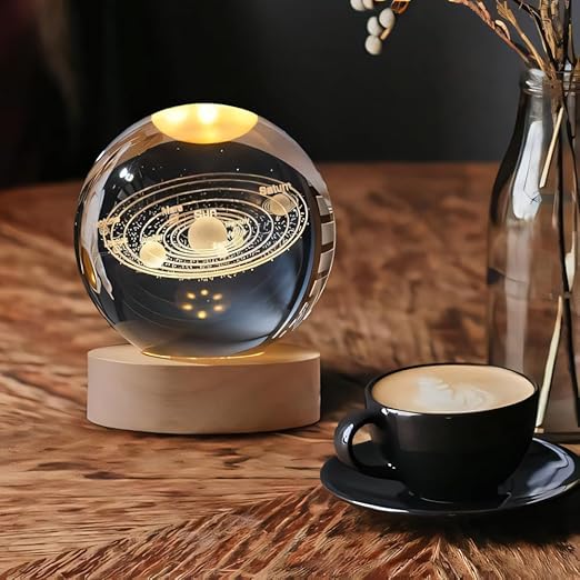 ANTORCHE 3D Crystal Ball Night Light with Wooden Base, Aesthetic Solar System LED Lamp for Home and Bedroom Decor, Touch Switch, Warm Light for Kids and Teens, Perfect for Birthday and Anniversary