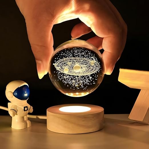ANTORCHE 3D Crystal Ball Night Light with Wooden Base, Aesthetic Solar System LED Lamp for Home and Bedroom Decor, Touch Switch, Warm Light for Kids and Teens, Perfect for Birthday and Anniversary