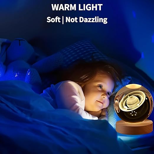 ANTORCHE 3D Crystal Ball Night Light with Wooden Base, Aesthetic Saturn LED Lamp for Home and Bedroom Decor, Touch Switch, Warm Light for Kids and Teens, Perfect for Birthday and Anniversary