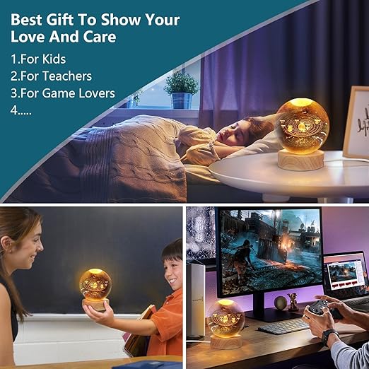 ANTORCHE 3D Crystal Ball Night Light with Wooden Base, Aesthetic Solar System LED Lamp for Home and Bedroom Decor, Touch Switch, Warm Light for Kids and Teens, Perfect for Birthday and Anniversary
