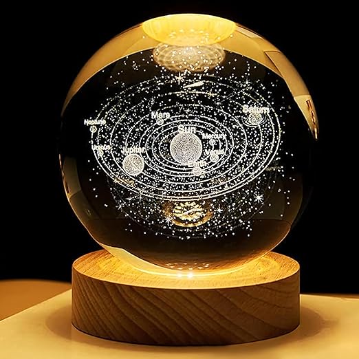 ANTORCHE 3D Crystal Ball Night Light with Wooden Base, Aesthetic Solar System LED Lamp for Home and Bedroom Decor, Touch Switch, Warm Light for Kids and Teens, Perfect for Birthday and Anniversary