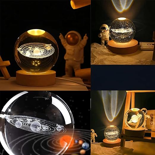 ANTORCHE 3D Crystal Ball Night Light with Wooden Base, Aesthetic Solar System LED Lamp for Home and Bedroom Decor, Touch Switch, Warm Light for Kids and Teens, Perfect for Birthday and Anniversary