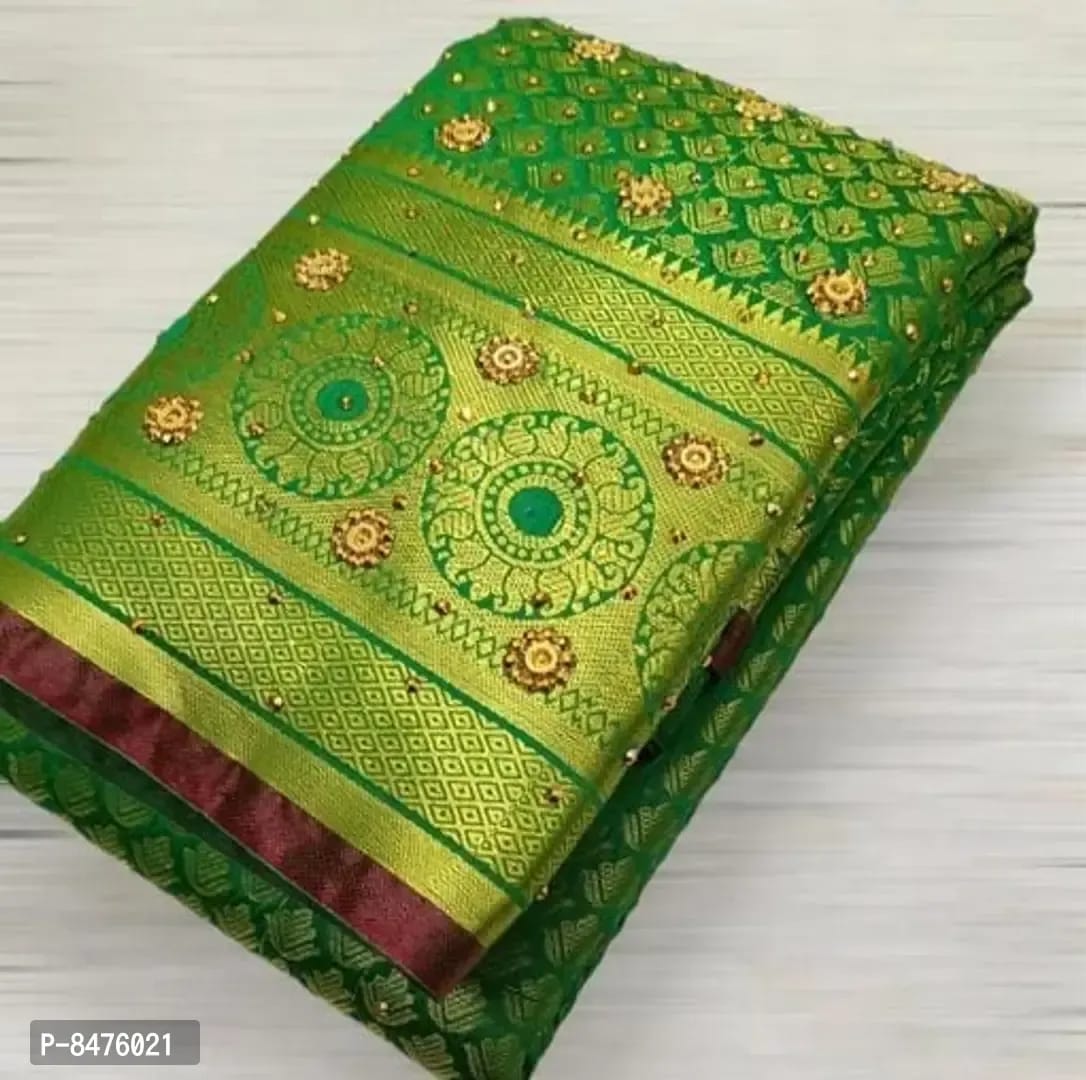 Stylish Green Art Silk Brocade Stone Work Sarees with Blouse Piece