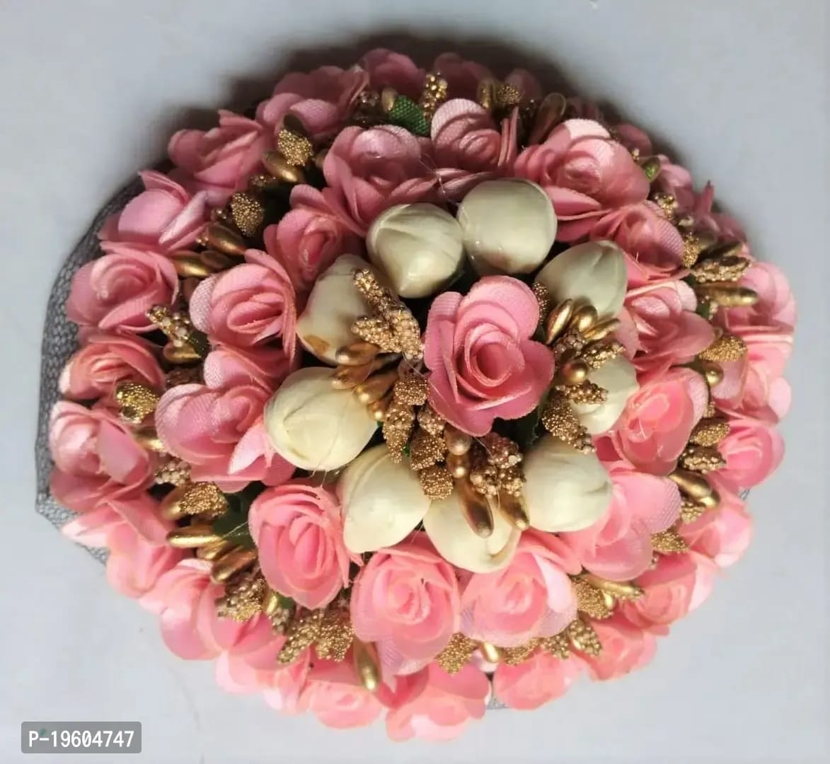 Ruchi Hair Bun Pink and White Flower Gajra Hair Accessories Bun Juda Maker for Women (Small Size)