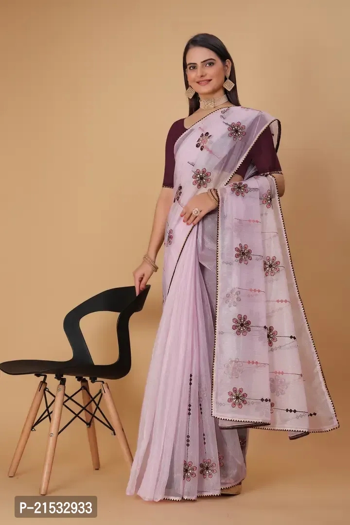 Organza Embroidered Piping Border Sarees with Contrast Blouse Piece