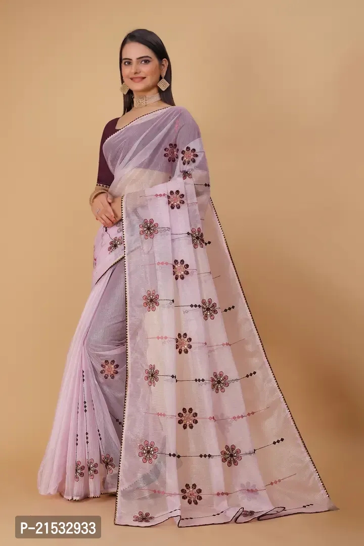 Organza Embroidered Piping Border Sarees with Contrast Blouse Piece