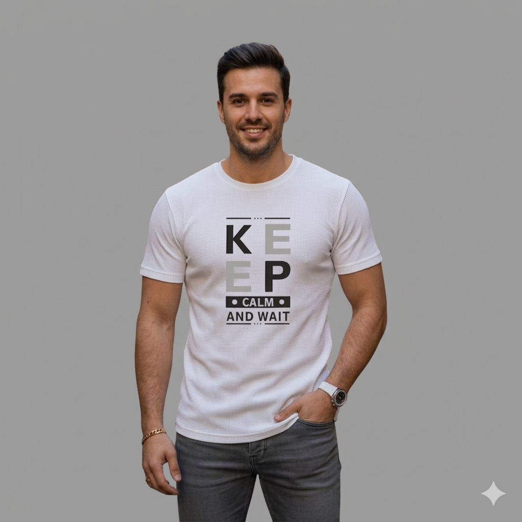 KEEP CALM MENS WHITE HALF SLEEVE T-SHIRT