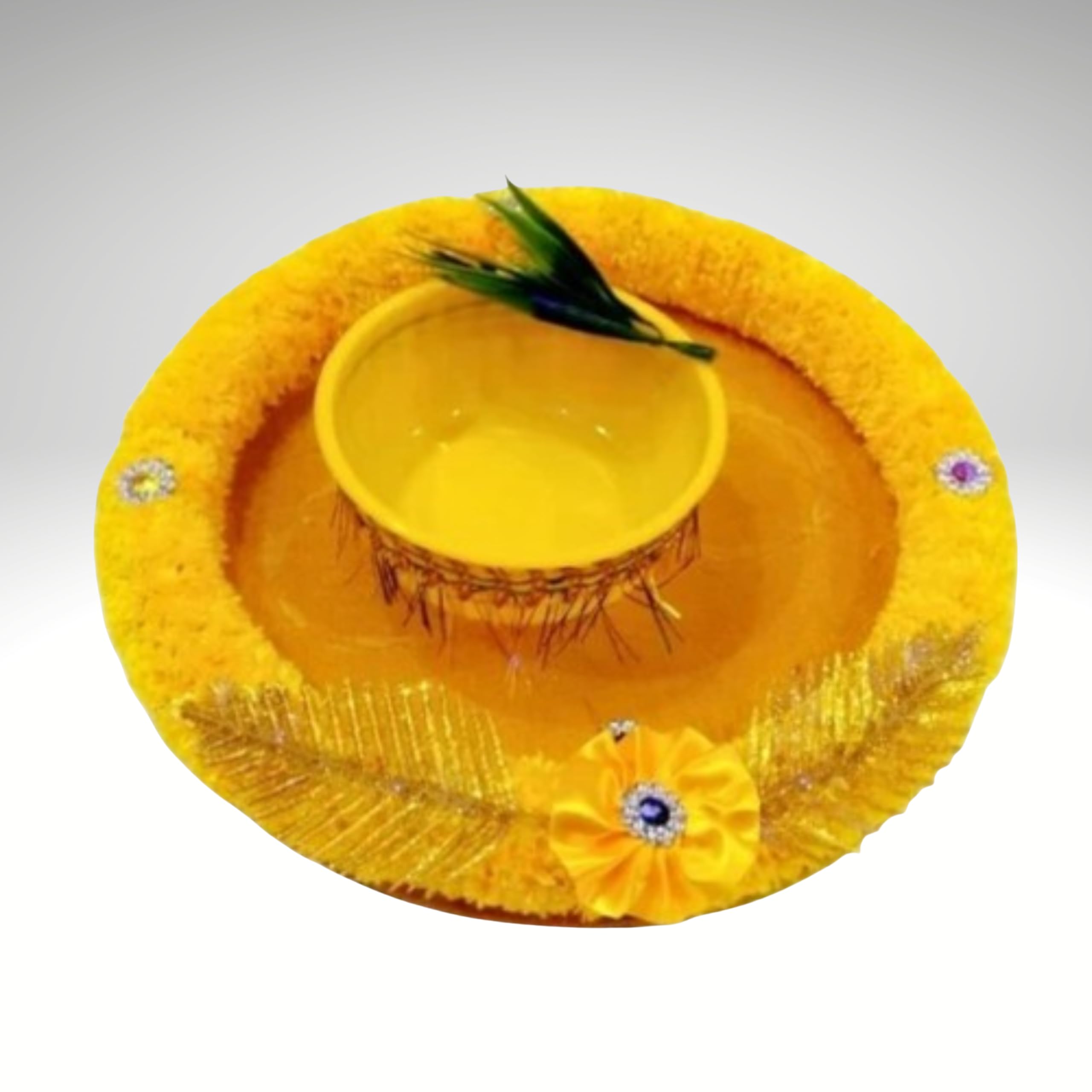 Decorative Yellow Haldi Plate with Bowl, Artificial Floral & Crystal Stone Work for Wedding, Mehndi, Puja, Festival,