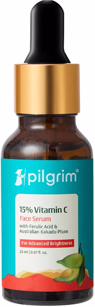 Pilgrim 15% Vitamin C Serum 20ml For Glowing Skin | Advanced Formulation With Ferulic Acid & Vitamin E |Reduces Dark Spots, Pigmentation |For All, Oily, Combination, Normal Skin |Men, Women
