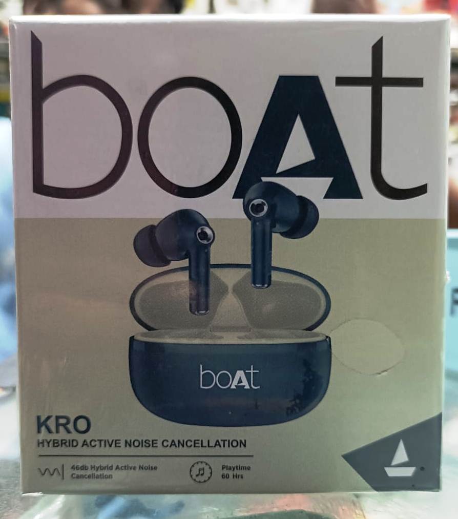 boAt KRO TWS earbud box featuring hybrid active noise cancellation.