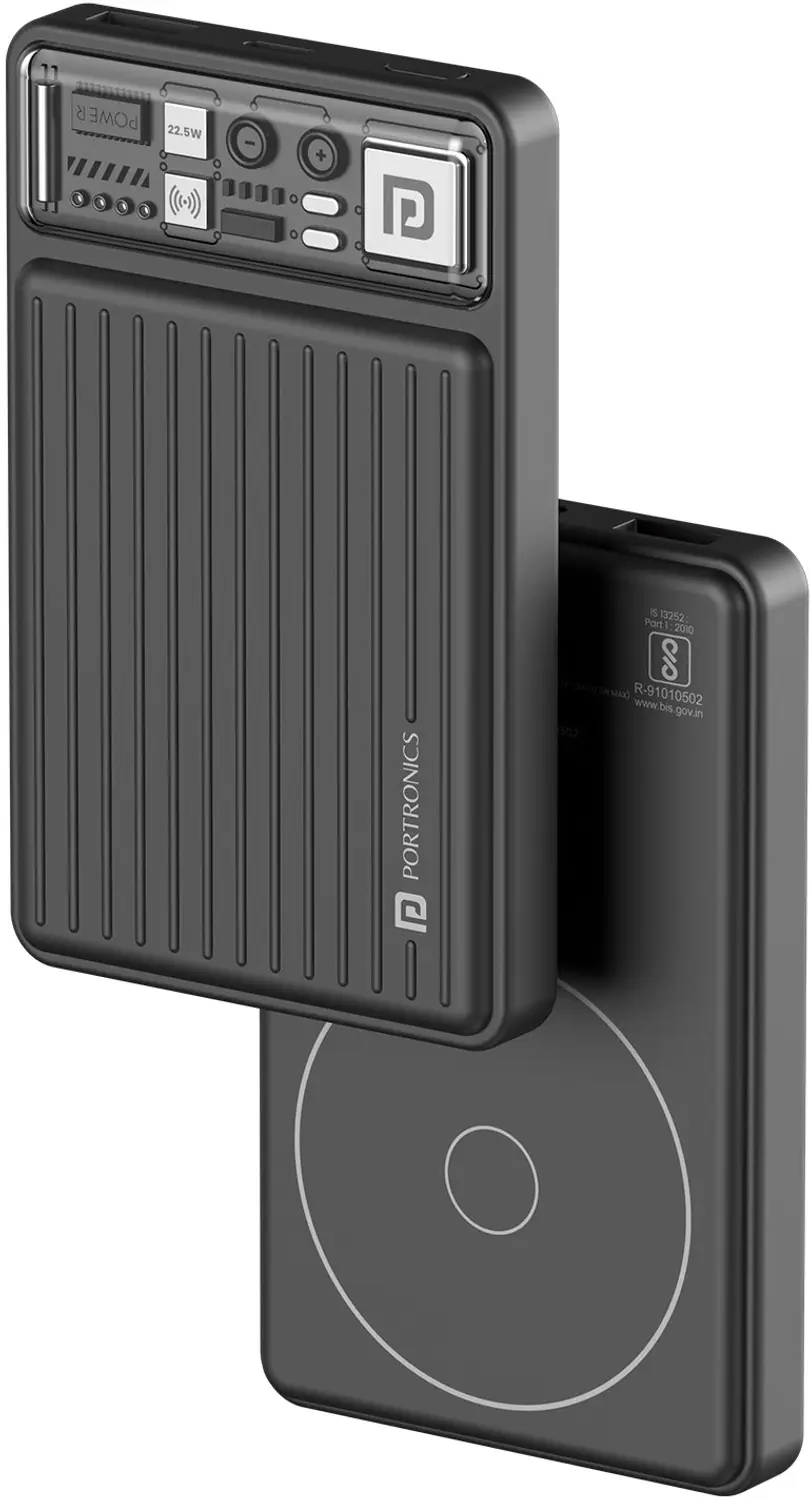 Portronics Luxcell Wireless Mini 10K magnetic power bank in black.