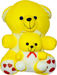 Yellow plush teddy bear set with a smaller bear hugged by the larger one