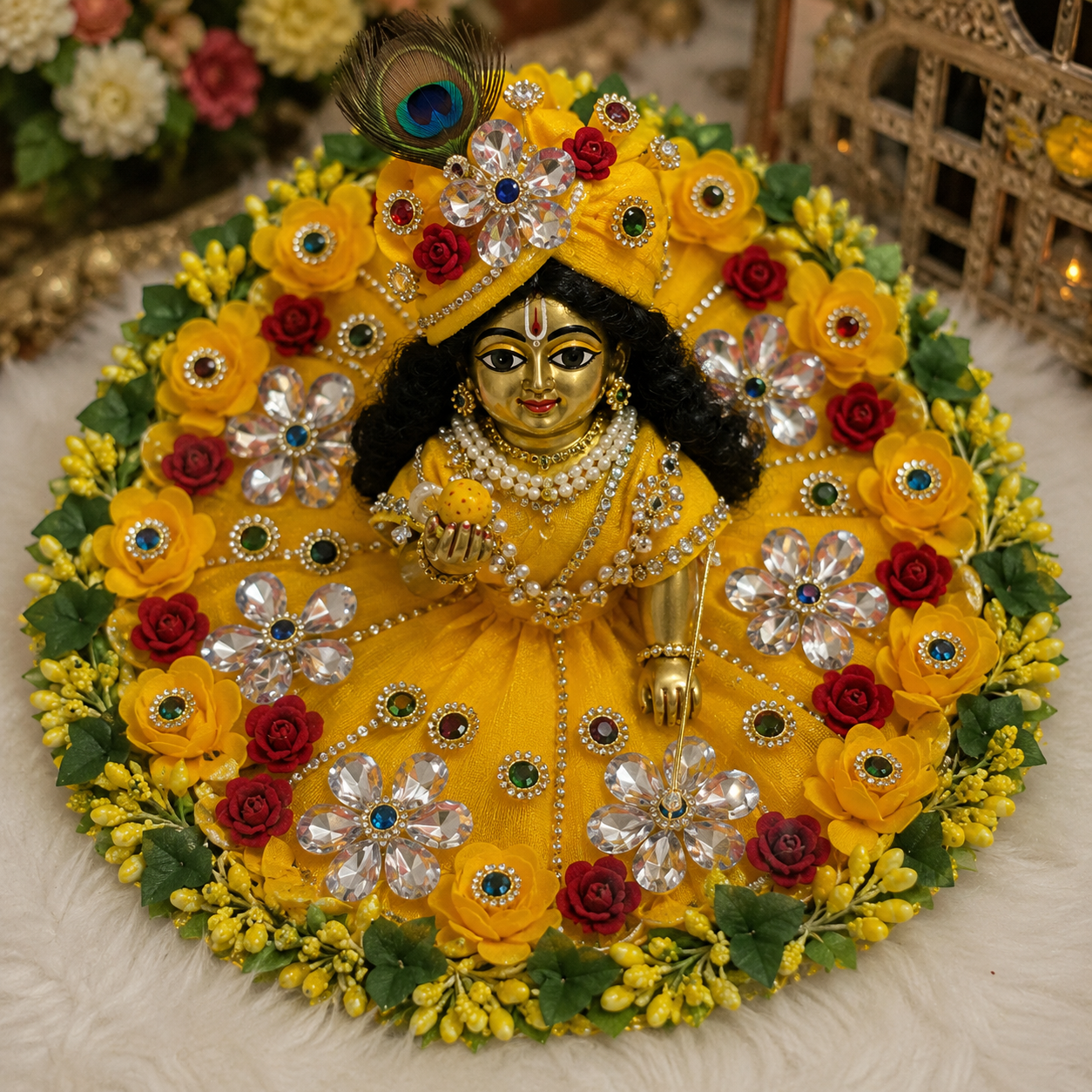 Handmade yellow and red floral dress for a Laddu Gopal idol.
