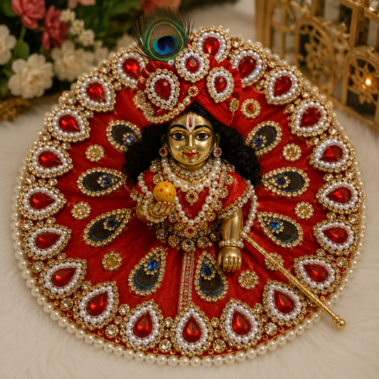 Heavily embellished velvet poshak dress designed for a Laddu Gopal