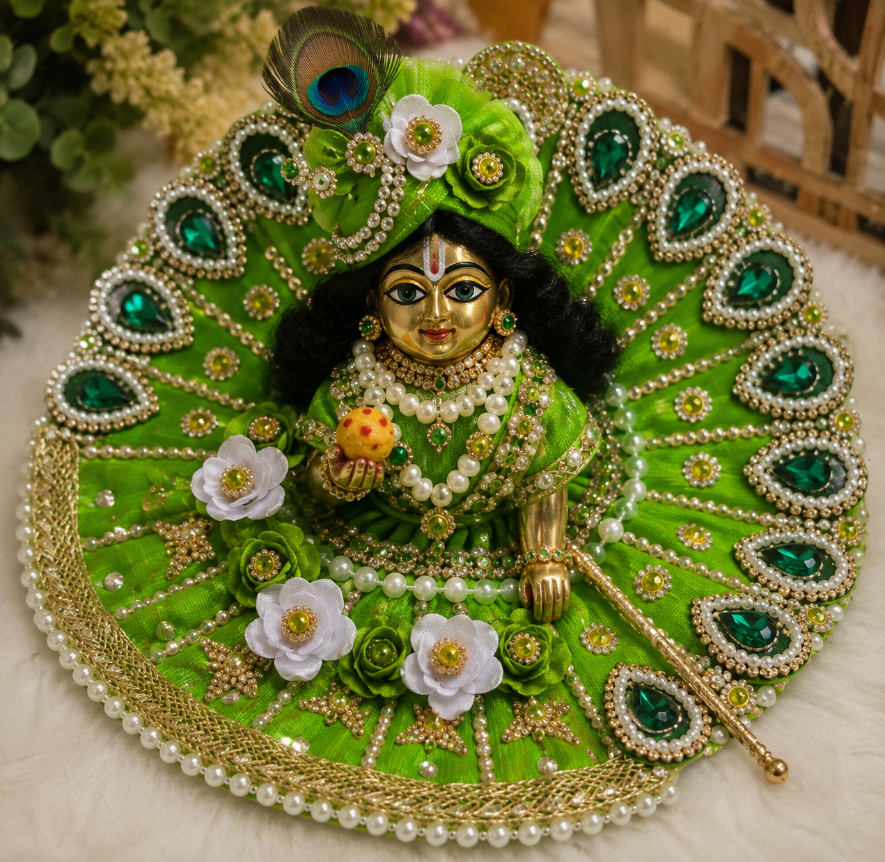 Ladoo Gopal Net Poshak (dress) in green.