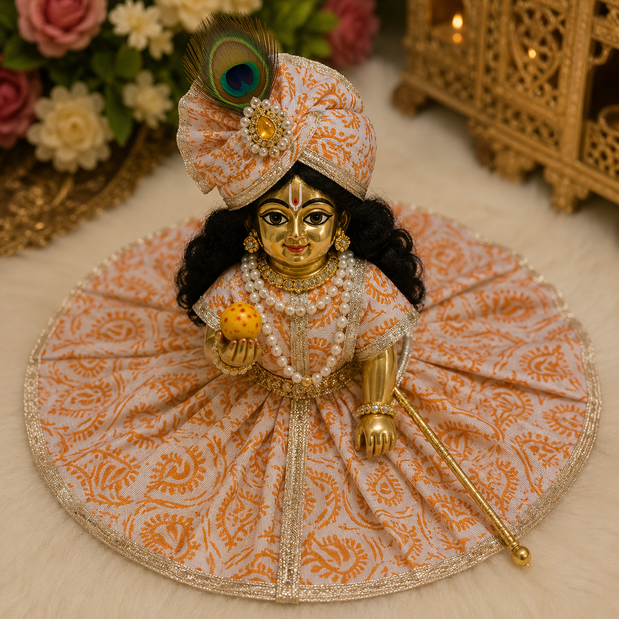 White and orange printed silk Laddu Gopal