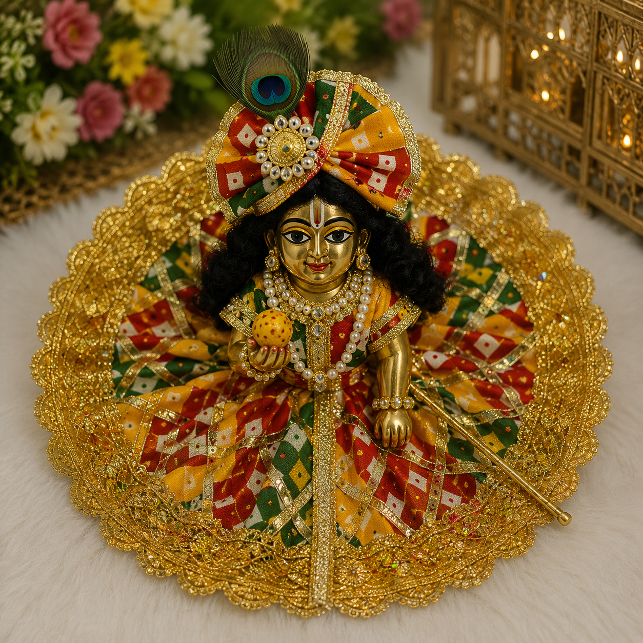 Heavily embroidered golden and multicolored Bandhani style dress, commonly known as a poshak, designed for the Laddu Gopal idol.