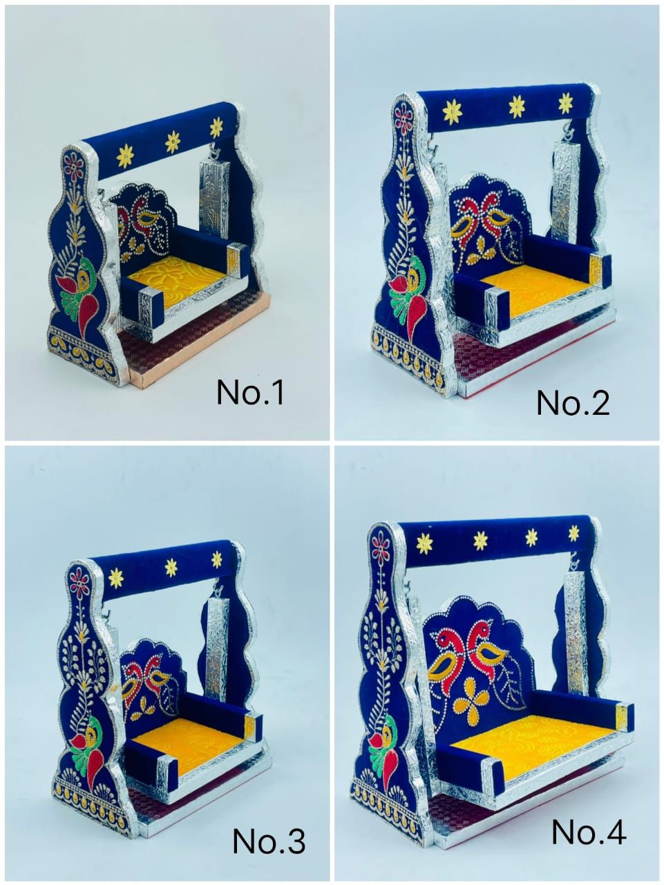 Laddu Gopal wooden jhula swing decorated with blue velvet, silver trim, and colorful floral accents