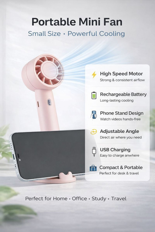 3BAAN Modern Mini Fan with Stable Base X688 Handheld cooling mini fan portable rechargeable USB compact personal fan USB Fan (Multicolor)
