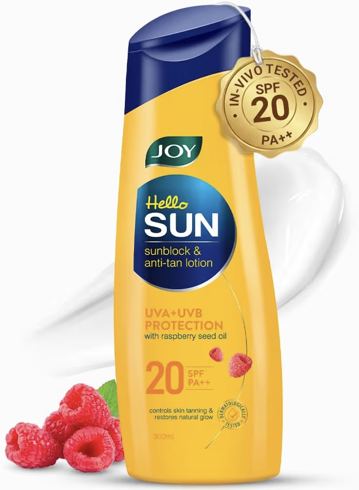 Joy Hello Sun Body Sunscreen Lotion SPF20 PA++ (100ml) | INVIVO Tested | UVA + UVB Protection | Tan Control and restores Glow | Lightweight, Fast Absorbing & Zero White Cast | For Normal to Oily Skin