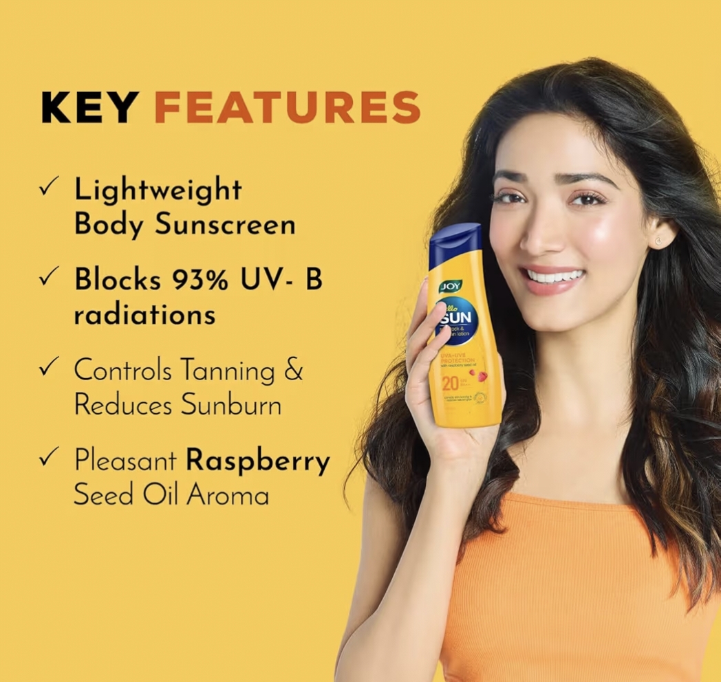 Joy Hello Sun Body Sunscreen Lotion SPF20 PA++ (100ml) | INVIVO Tested | UVA + UVB Protection | Tan Control and restores Glow | Lightweight, Fast Absorbing & Zero White Cast | For Normal to Oily Skin