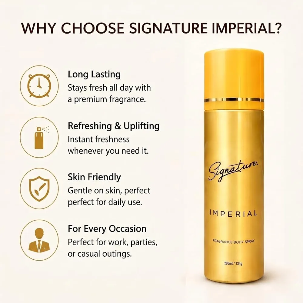 Signature Deodorant Body Spray 200 ml - Imperial | Aromatic Aquatic Fragrance | Long Lasting Fragrance | Fights Bo