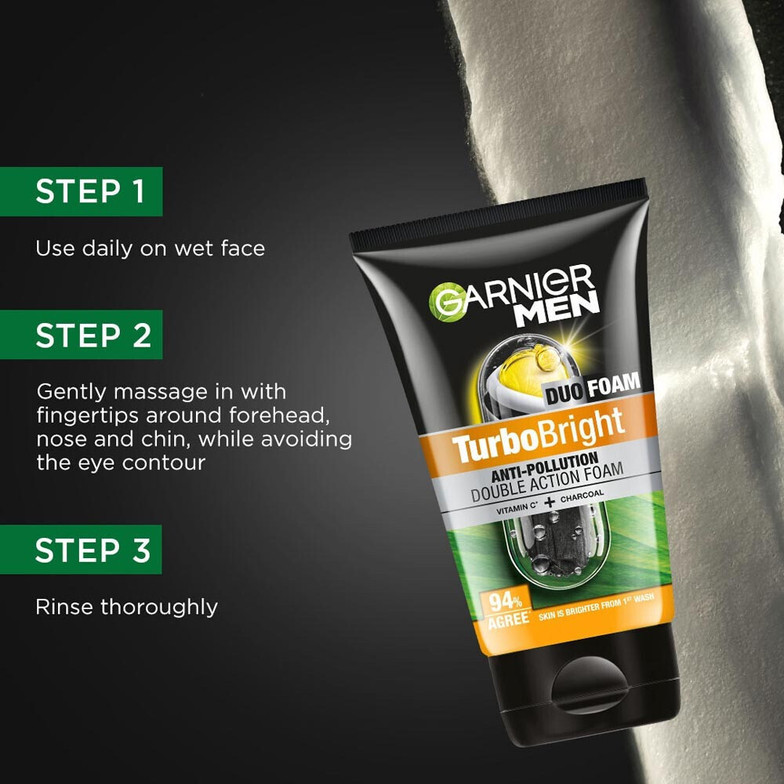 Garnier Men Turbo Bright Anti pollution Double Action Foam Vitamin C + Charcoal Face Wash