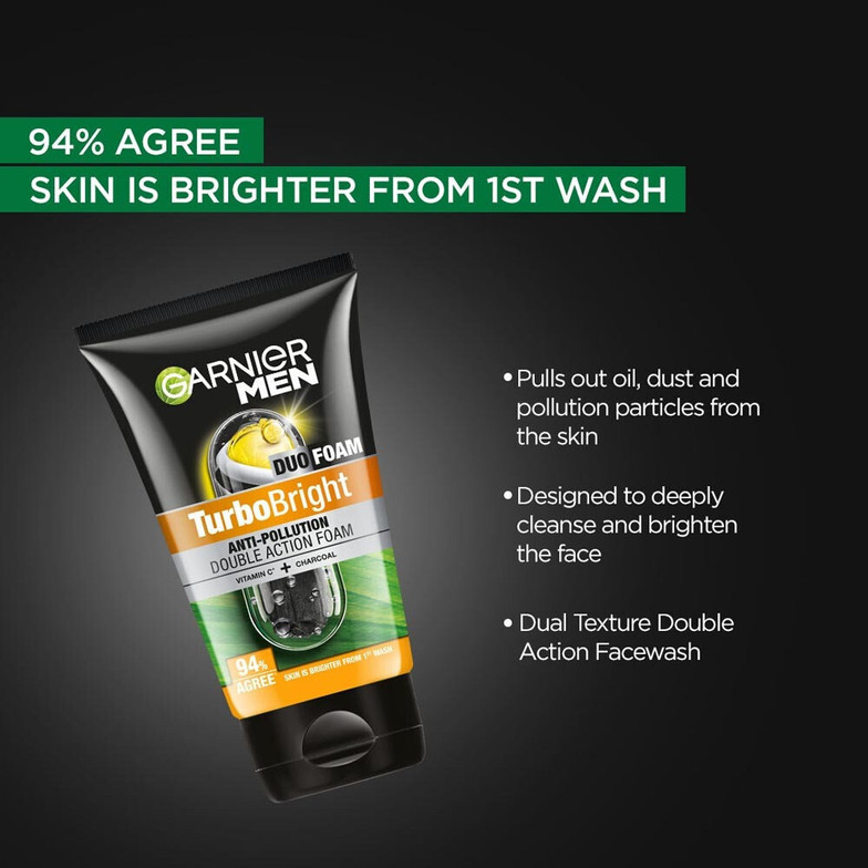 Garnier Men Turbo Bright Anti pollution Double Action Foam Vitamin C + Charcoal Face Wash