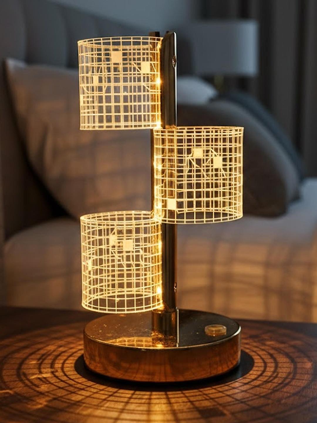  MPROW 3-Tier Gold Cylinder Mesh Table Lamp for Bedroom & Living Room Table Lamp (32 cm, Triple Floating Cylinders)MPROW 3-Tier Gold Cylinder Mesh Table Lamp for Bedroom & Living Room Table Lamp (32 cm, Triple Floati… Light color: Warm White