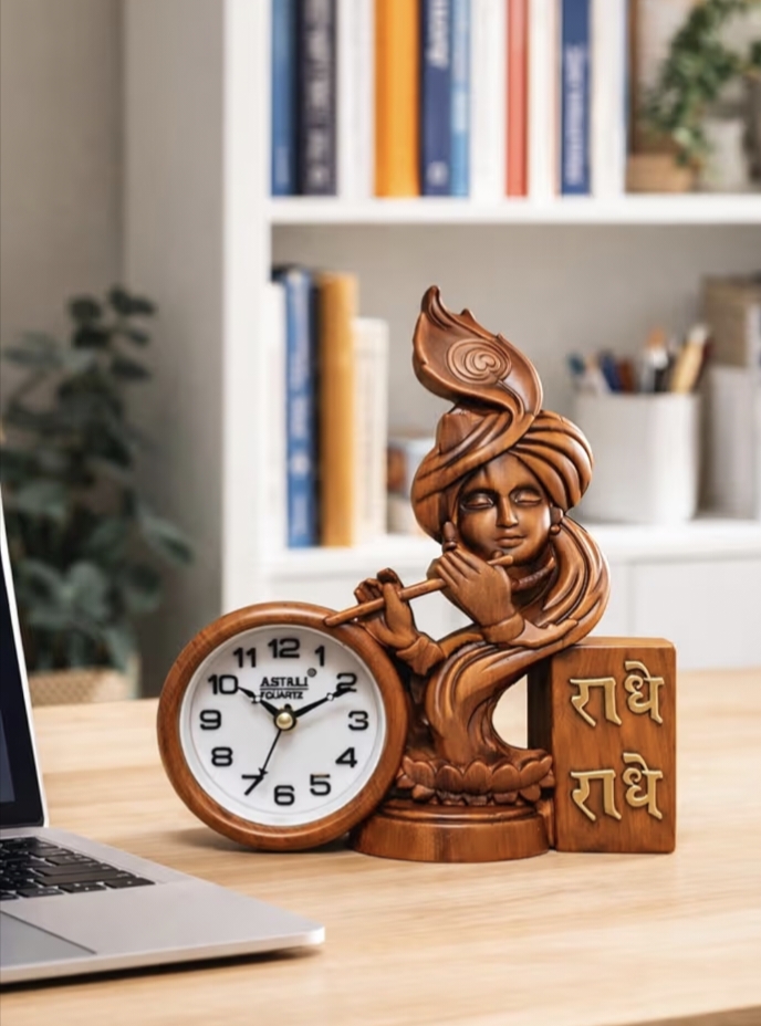 Krishna Flute Table Clock, Brown, Decorative Figurine with Radhe Radhe Plaque