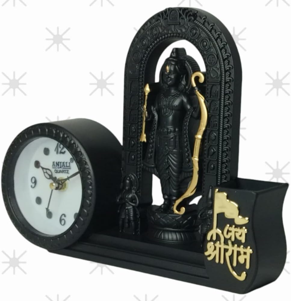 Smart V&I Collection Decorative Table Clock with Lord Shri Ram Lalla Idol with Pen Holder, 12.7 cm