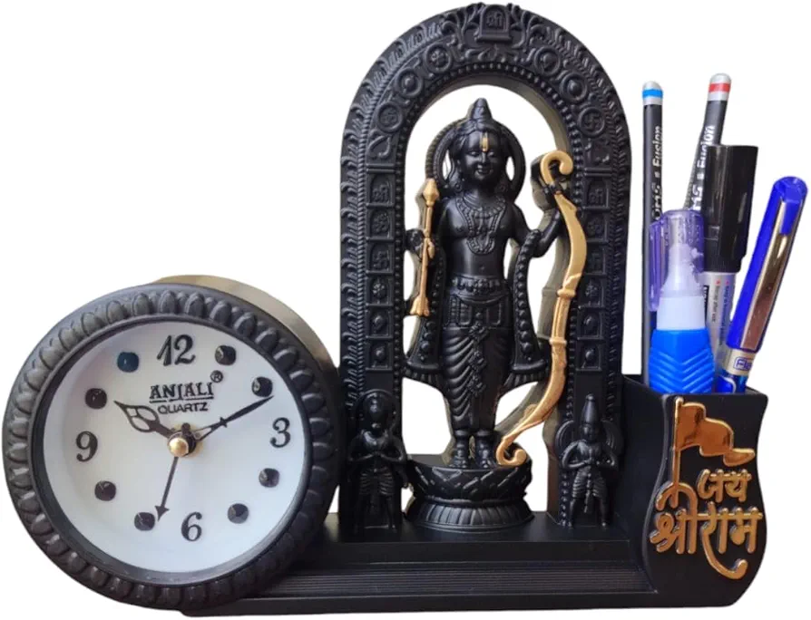 Smart V&I Collection Decorative Table Clock with Lord Shri Ram Lalla Idol with Pen Holder, 12.7 cm