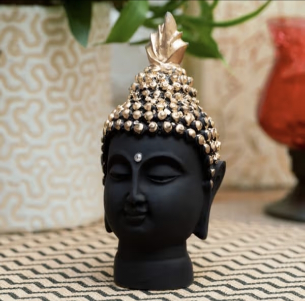 Aaradhak Polyresin Buddha Head Statue - Matte Black with Golden Combination | Elegent Decorative Idol Showpiece, Perfect for Home Decor and Office Space